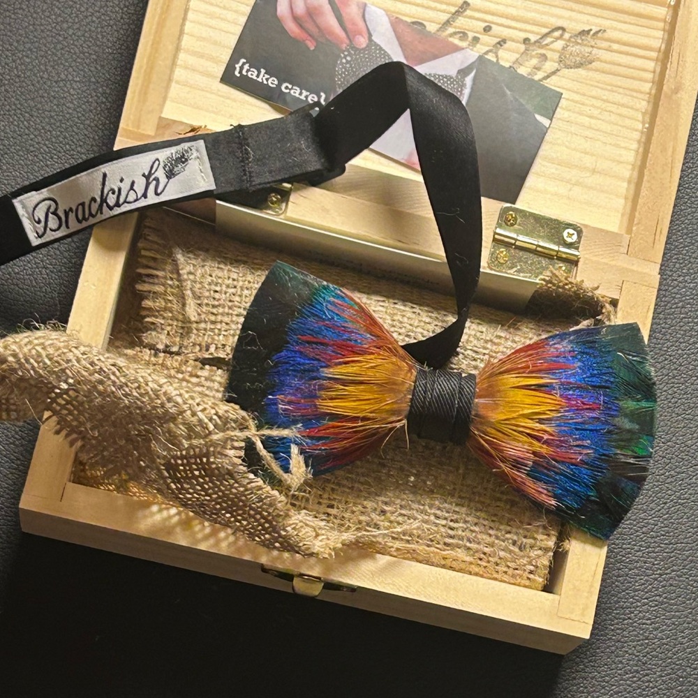 Peacock feather bow tie with Monogrammed Wooden Accessory Box